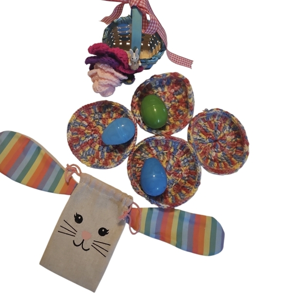 Hand Knit Crochet Easter Bundle Upcycled Eggs 4pc Set Coaster Pastel colors 10pc - Picture 10 of 17